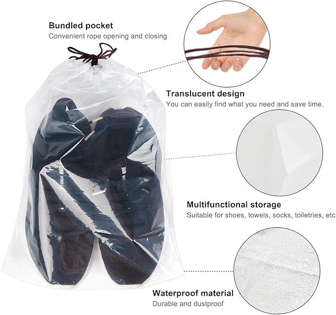 50 Pcs transparent Shoe Bags for Travel,11.8“ x 15.7”,Drawstring Travel Shoe Bags for Packing,Waterproof Dustproof Portable Travel Shoe Storage Bag for Men and Womens Per Piece