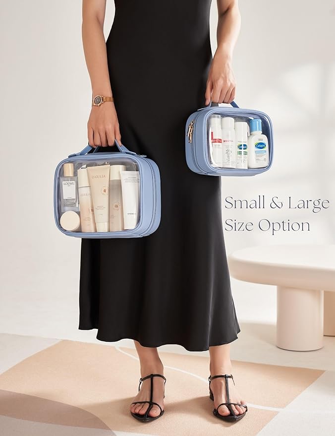 Clear Cosmetic Bag Double Layer Travel Toiletry Bag Clear Makeup Bag Case with 4 Compartments, Transparent Travel Bag for Toiletries, Large Toiletry Bag for Women Cosmetic Case (Blue, Small)