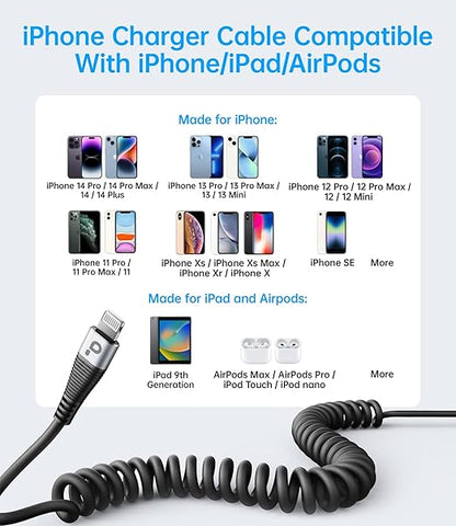 iPhone Charger Cable for Car (3FT/5FT), 2Pack Coiled Lightning Cable, [Apple MFi Certified] Retractable Charging Cord Compatible with iPhone 14/13/12/11 Pro Max/XS MAX/XR/XS/8/iPad/iPod/CarPlay