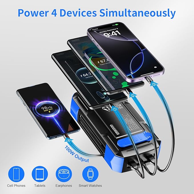 Solar Charger Power Bank 73200mAh, Portable Laptop Charger with 100W USB-C in/Output, Built-in Cables, Hand Crank Power Bank for Mobile Phones, Ideal for Outdoor Use with SOS/Strobe/Strong (blue)