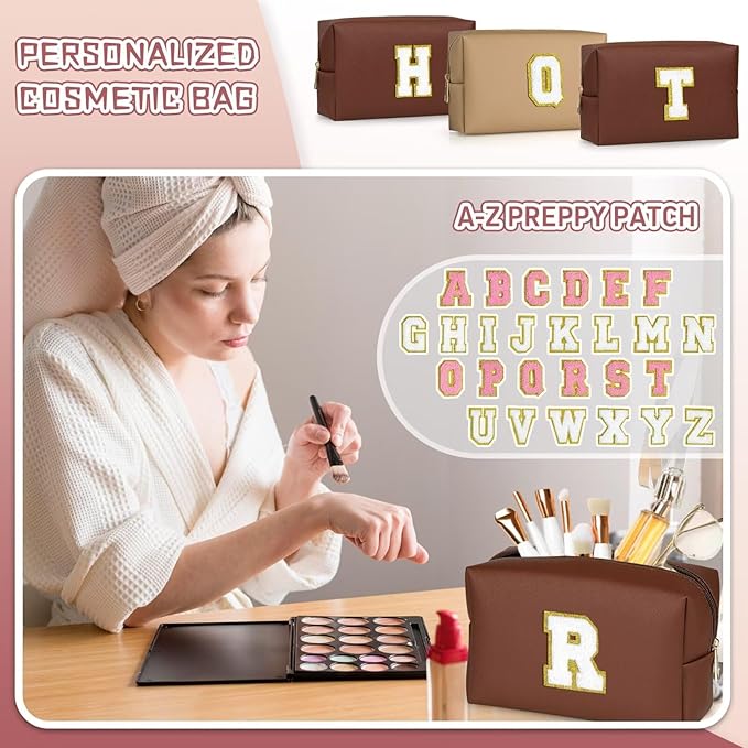 TOPEAST Preppy Makeup Bag, Cute Makeup Pouch PU Leather Waterproof Cosmetic Bag, Personalized Birthday Gifts for Mom Teacher Friends Bridesmaids Nurse, Trendy Stuff for Girls (Brown I)