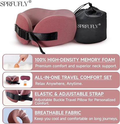 SPRFUFLY Super Comfy Travel Pillow - 100% Memory Foam Neck Pillow for Sleeping, Airplane Pillow with Sleep Mask & Earplugs, Travel Essentials Neck Pillow for Airplane, Car, Office & Home
