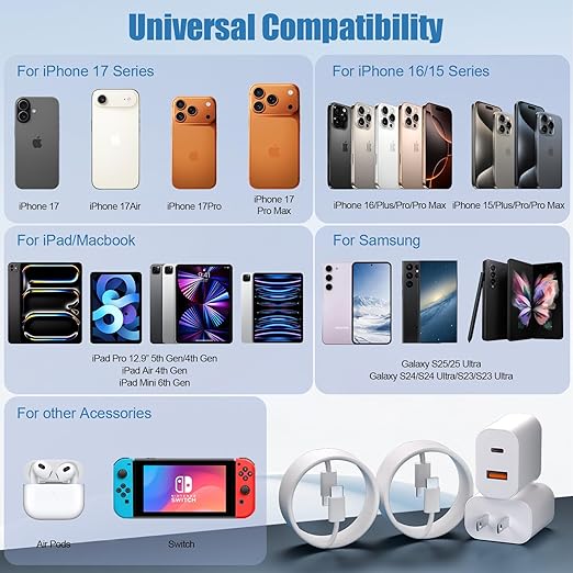 Dual Port USB A/C Charger for iPhone 17 16 Pro 10FT Woven USB C Fast Cable,2Pack Type C Charger Block USB C Nylon Braided Cable Cord for iPhone 17/17 ProMax/17 Air,16/16 ProMax/16e,15 Pro Max/15 Plus