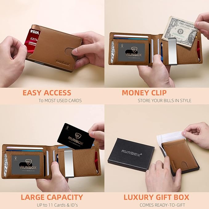 RUNBOX Slim Wallets for Men - Leather Money Clip Mens Wallet - RFID Blocking Front Pocket Bifold Wallet - Thin Credit Card Holder with Gift Box