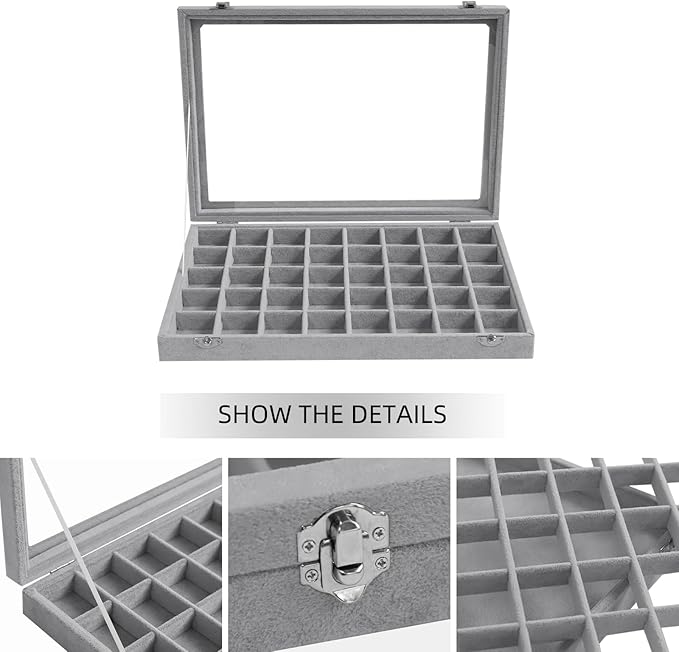 Stratalife Jewelry Organizer 40 Grid Jewelry Tray with Lid Dust-proof Velvet Earring Organizer Ring Holder Necklaces Earrings Storage Drawer Accessories Box for Women Gray