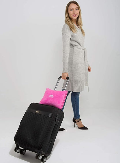 BlueHills Premium Soft Travel Blanket Pillow Airplane Blanket Packed in Soft Bag Pillowcase with Hand Luggage Belt and Backpack Clip, Compact Pack Large 2 in 1 Combo for Any Travel (Pink T004)