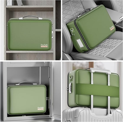 DocSafe Fireproof Document Box with Lock, Hard Case File Organizer with Accordion File Folder, Fireproof Water Resistant Safe Box Home Office Travel Storage for Important Documents Laptop Green