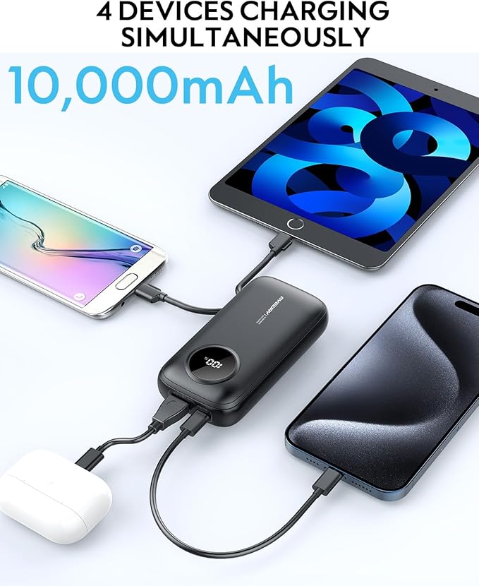 AYEWAY 10,000mAh Mini Portable Charger with Built-in Cable,USB C Fast Charging Power Bank with 4 outputs,External Battery Pack Phone Charger for iPhone,Samsung,Android,5V USB Heated Vest,Heated Jacket