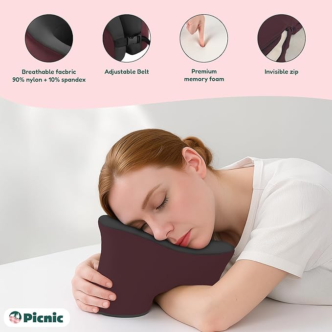 Picnic Neck Pillow for Traveling | 100% Pure Memory Foam Travel Pillow for Airplanes, Car & Office | Ergonomic Support with Adjustable Clasp, Eye Mask & Compact Travel Bag | Perfect for Relaxation