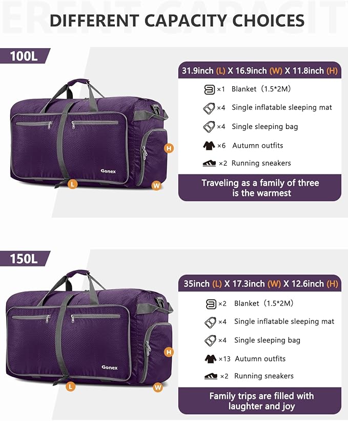 Gonex 40L 60L 80L 100L 150L Large Foldable Travel Duffle Bag with Shoes Compartment, Packable Lightweight Water Repellent Duffel Bag for Camping Gym Weekender Bag