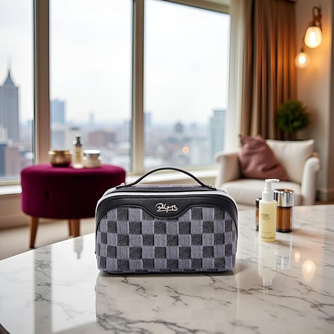 BOYATU Travel Makeup Bag for Women: Large Cosmetic Bag Set of 3 - PU Leather Make up Bag with Compartments - Compact Waterproof Toiletry Bag with Divider & Handle (D-2-Black)