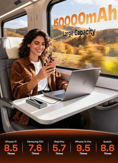 Portable Charger Power Bank, 50000mAh Travel Camping Essential Battery Pack with Built-in Cables, PD 22.5W Fast Charging, Large Capacity Portable Phone Charger for iPhone, Light Grey