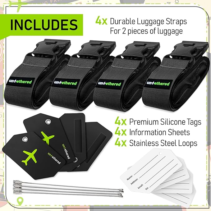 Untethered Ultimate Travel Set: 4 Premium Luggage Straps and 4 Silicone Tags - Secure & Identify Your Bags with Ease (Black + Tags)