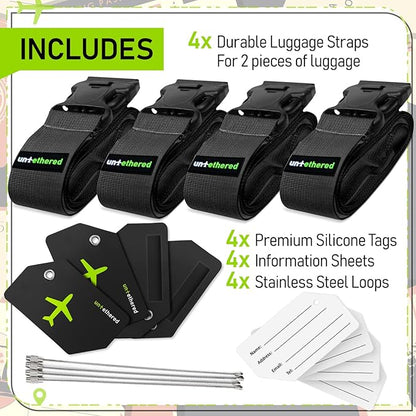 Untethered Ultimate Travel Set: 4 Premium Luggage Straps and 4 Silicone Tags - Secure & Identify Your Bags with Ease (Black + Tags)