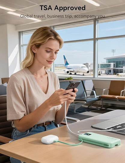 Portable Charger, 12000mAh 22.5W Fast Charging Power Bank with Built-in Cables & Wall Plug, Travel Essentials Battery Pack with LED Display, USB C External Battery Bank for iPhone iPad, Samsung Green