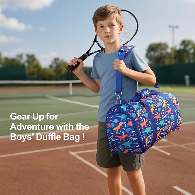 Bagseri Kids Duffle Bag Boys - Waterproof Sports Gym Bag for Travel Sleepover Overnight Bag with Shoe Compartment and Dry Wet Separation Pockets (Blue Dinosaur)