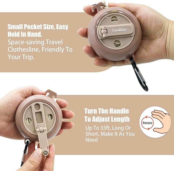 Portable Travel Clothesline Cord, Caudblor Adjustable 33ft Camping Clothes line, Laundry Drying Rope for Hotel Trip, Cruise, Outdoor/Indoor, with 12Pcs Stoppers, Windproof Clothespins