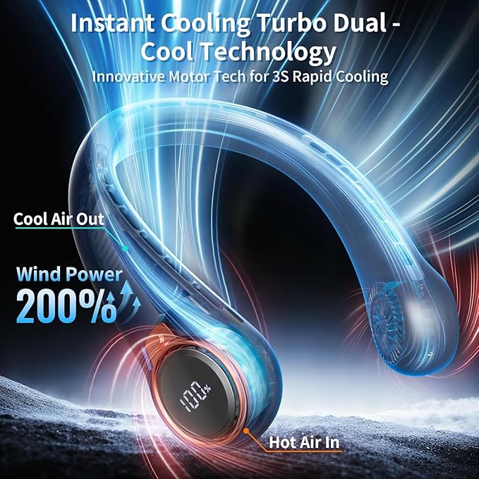 Portable Neck Fan with 6000mAh USB - Rechargeable Battery, Ultra-Light Bladeless Neck Fan LED Display, 360° Cooling Wearable Fan, 3 Speeds (Blue)