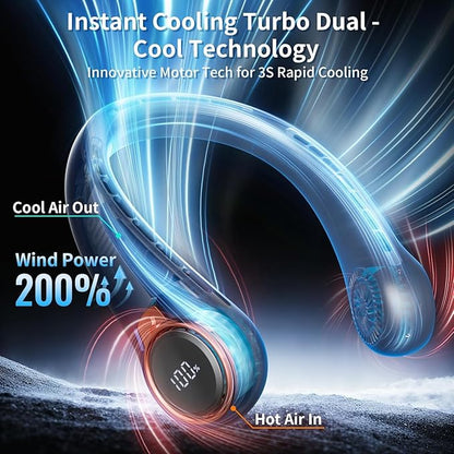 Portable Neck Fan with 6000mAh USB - Rechargeable Battery, Ultra-Light Bladeless Neck Fan LED Display, 360° Cooling Wearable Fan, 3 Speeds (Blue)