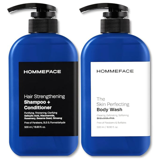 HOMMEFACE Men’s Triple Action Shower Kit - 2 Piece Set with 2-in-1 Hair Strengthening Shampoo + Conditioner & Body Wash with Pump - Korean Skincare Technology for Body Acne and Scalp Health