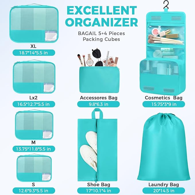 BAGAIL 9 Set Packing Cubes Luggage Packing Organizers for Travel Accessories