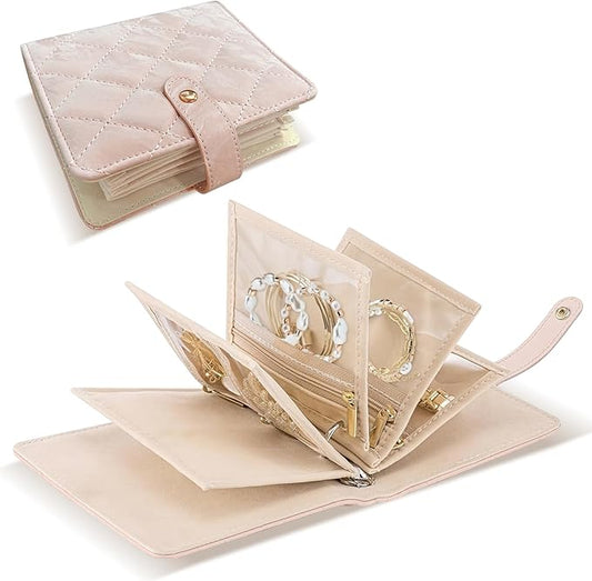 huoflame Velvet Travel Jewelry Organizer Book with Zipper Pouches – Anti-Tarnish, Scratch-Proof Jewelry Storage for Rings, Necklaces, Earrings, Bracelets – Portable Soft Case for Women (Pink)