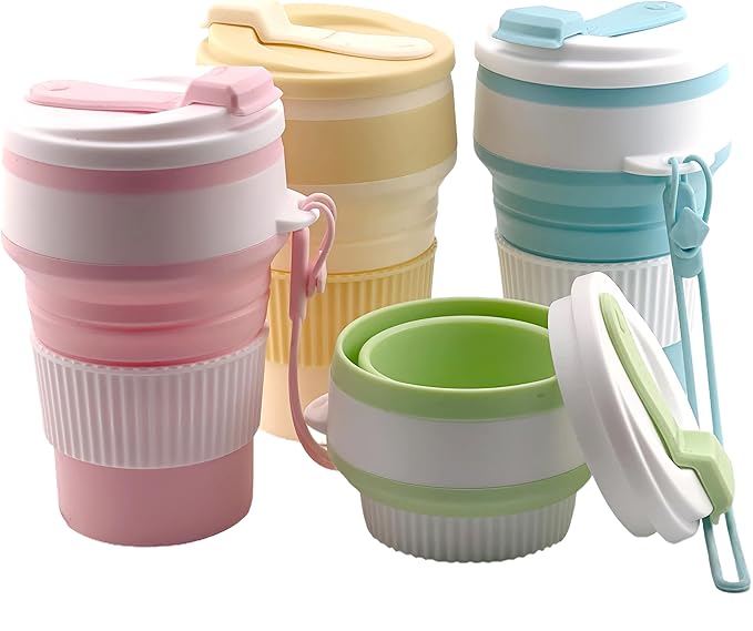 4-Pack Collapsible Cup Reusable – 12oz Leakproof Travel Coffee Mug, Silicone, Foldable & Portable for Hiking, Camping, Office | Lightweight, Heat-Resistant, Easy to Clean, Outdoor & Travel Cup