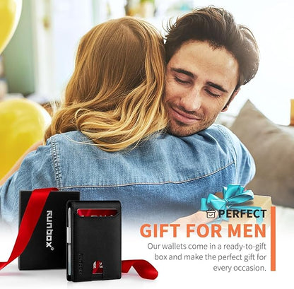 RUNBOX Slim Wallets for Men - Leather Money Clip Mens Wallet - RFID Blocking Front Pocket Bifold Wallet - Thin Credit Card Holder with Gift Box