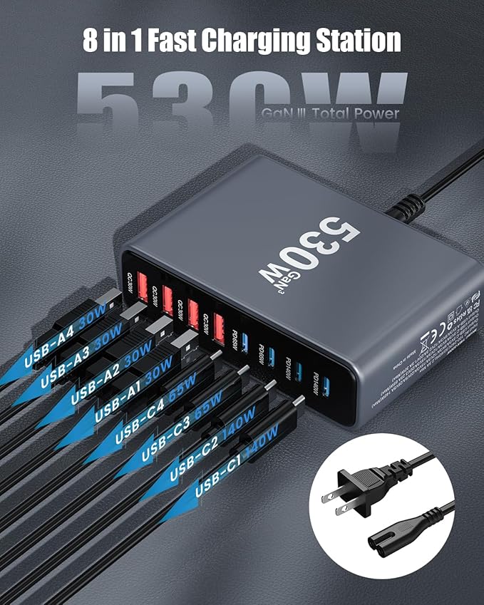 530W USB C Charger Block,8-Port USB C Charging Station GaN IV Travel Essentials Multiple Port Charging Station,100W Laptop Fast Charger Adapter for MacBook Pro/Air,DELL,iPad,iPhone,Samsung Galaxy