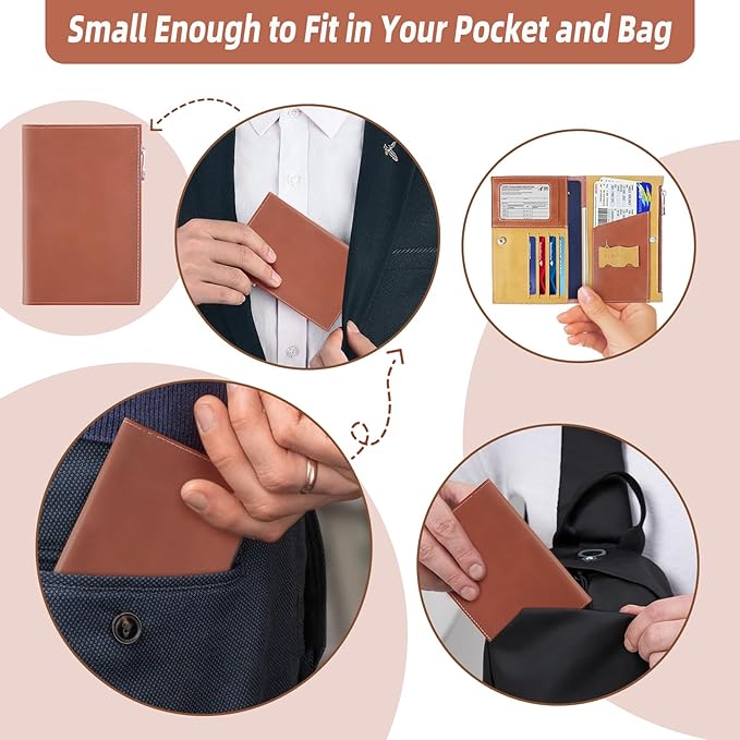Slim Passport Holder for Man & Women, Compact Leather Passport Wallet with Card Holders SIM Slots and Zippered Pocket, for Secure Traveling and Documentation Organizer (Brown)