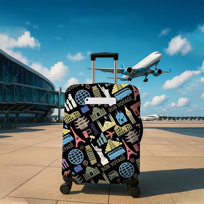 Bon Voyage Travel Luggage Cover, Travel-Themed Suitcase Protector Stretchable, Washable Travel Suitcase Cover (L for 25-28 Inch Luggage)