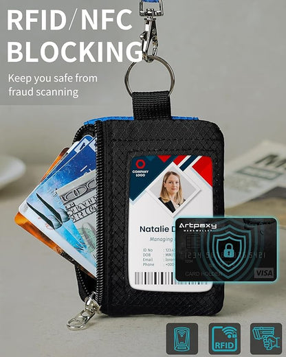 Minimalist Wallet For Mens Womens, Keychain RFID Blocking Zipper Small Wallet with ID Window 2 Lanyards,Water Resistant Travel Cash Card Coin Case Boys Girls