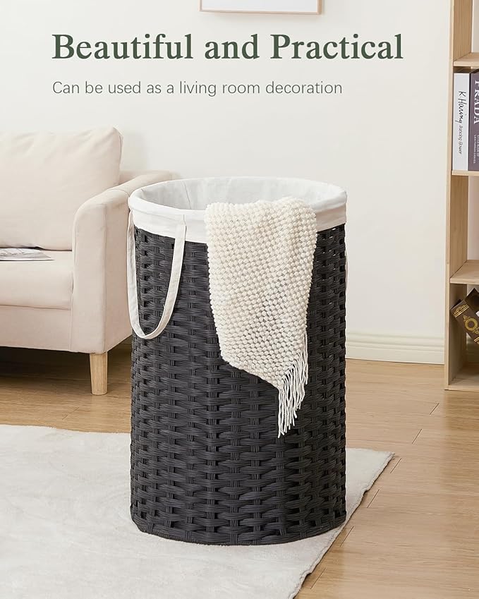 34.3 Gal (130 L) Large Laundry Hamper Laundry Basket Round Handwoven Wicker Laundry Baskets Rattan Laundry Basket with Removable Bag Handles 2 Mesh Bags for Living Room Bedroom Black