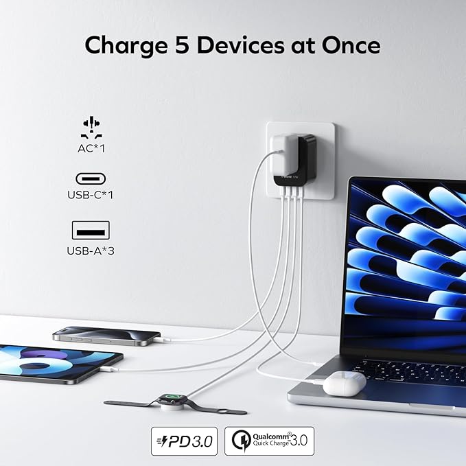 MOMAX 5-in-1 European Travel Plug Adapter, Worldwide All in One Travel Adapter, International Power Adapter Wall Charger with 3 USB A and 1USB C Charging Ports for Travel Essentials (Type C/G/A/I)