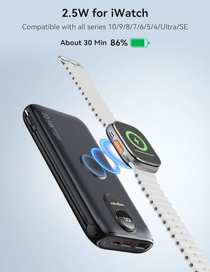 Portable Charger, 10000mAh 22.5W Fast Charging Power Bank with Built in Cable & Wall Plug, Travel Essential Battery Pack with LED Display, External Charger for iPhone, iWatch 11/10/9/8/Ultra/SE Black