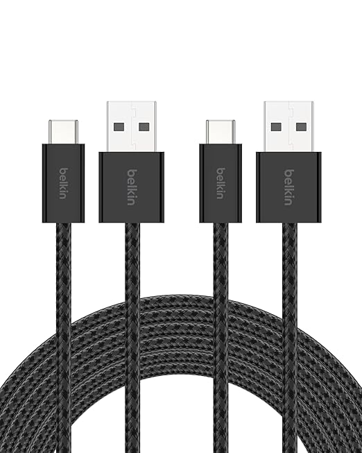 Belkin USB A to USB C Cable 2-Pack, 9.9ft, 15W - Type C Charger, iPhone Charger Cord, Soft, Braided, Flexible for iPhone 17 & 16, Galaxy S25, Pixel 10, iPad Pro, Airpods Pro, Switch & More - Black