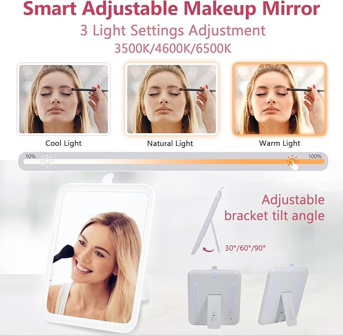 Travel Makeup Bag with Mirror of LED Lighted, Rechargeable Cosmetic Train Case Artist Makeup Organizer for Women with Adjustable Dividers, Makeup Brushes Holder and Strap (White)