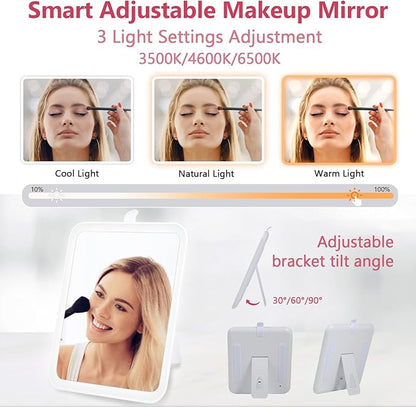 Travel Makeup Bag with Mirror of LED Lighted, Rechargeable Cosmetic Train Case Artist Makeup Organizer for Women with Adjustable Dividers, Makeup Brushes Holder and Strap (White)