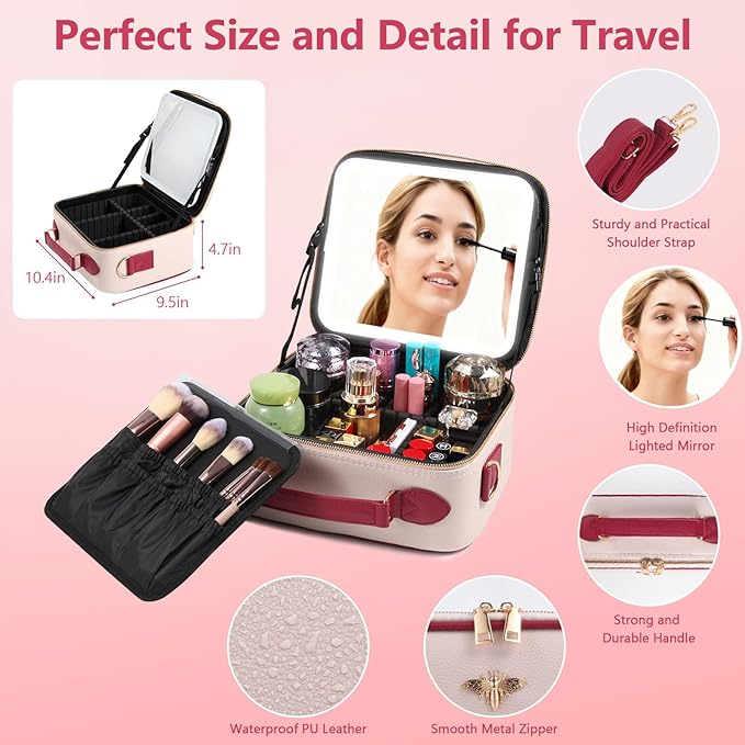 Travel Makeup Bag with Light Up Mirror, Portable Makeup Bag with Led Light Women Waterproof Makeup Travel Case adjustable dividers Rechargeable Vanity Mirror with 3 Color Lights (Pink)