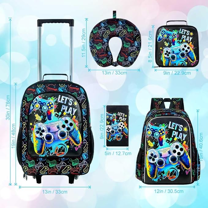 UFNDC 5PCS Kids Luggage for Boys, Game Rolling Suitcase with Wheels, Travel Carry-On for Children Toddler Elementary