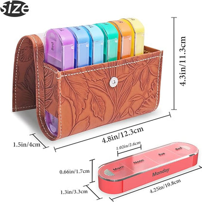 Pill Organizer,LIZIMANDU Weekly Travel Pill Case Box Medication Reminder Daily AM PM, Day Night 7 Compartments,for 4 Times A Day, 7 Days a Week-Includes Leather PU Carrying Case(1-Carved Brown)