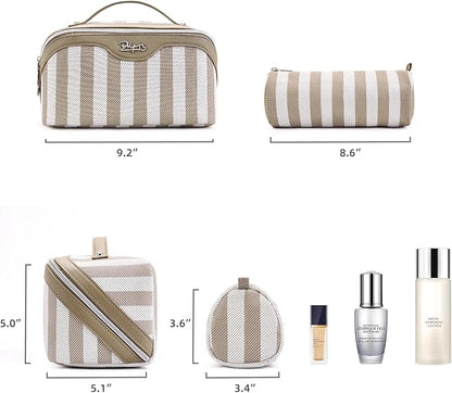 BOYATU Travel Makeup Bag for Women: Large Cosmetic Bag Set of 3 - PU Leather Make up Bag with Compartments - Compact Waterproof Toiletry Bag with Divider & Handle (B-7-Apricot)