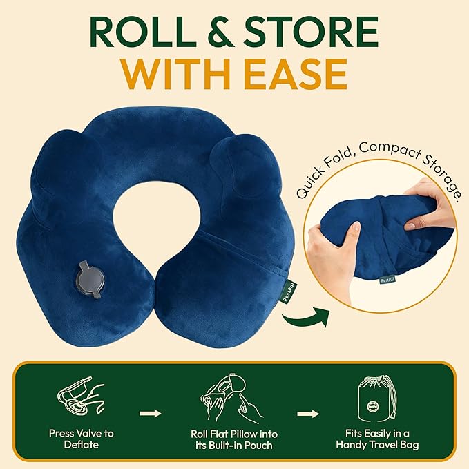 Adjustable Memory Foam Sides Inflatable Travel Neck Pillow | Super Soft, Compact & Portable Neck Support Pillow (Navy Blue, Standard)