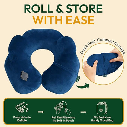 Adjustable Memory Foam Sides Inflatable Travel Neck Pillow | Super Soft, Compact & Portable Neck Support Pillow (Navy Blue, Standard)