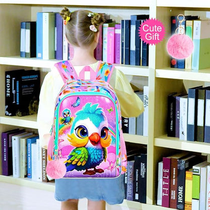 WZLVO 3PCS Backpack for Girls, 16'' Kids Parrot Preschool Bookbag Set, Cute Animal Water Resistant School Backpacks Set for Elementary Kindergarten Teen Travel