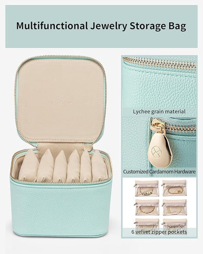 Vlando Travel Jewelry Box for Women Faux Leather Jewelry Box with 6 Velvet Jewelry Zipper Pockets Earrings Necklace Rings Storage Boxes Christmas Gift for Mom Wife(Lake Blue)