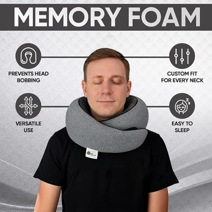 Travel Neck Pillow 100% Memory Foam, Ergonomic 360° Support Pillow for Flights, Car, Office & Train, Breathable Travel Essentials for Adults & Kids, Neck Pain Relief, (GREY)