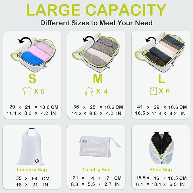 Cipway Compression Packing Cubes, Lightweight Travel Luggage Organizers with Shoe Bag, Toiletry Bag & Laundry Bag, Travel Essentials for Carry on Suitcase (8 Piece,White)