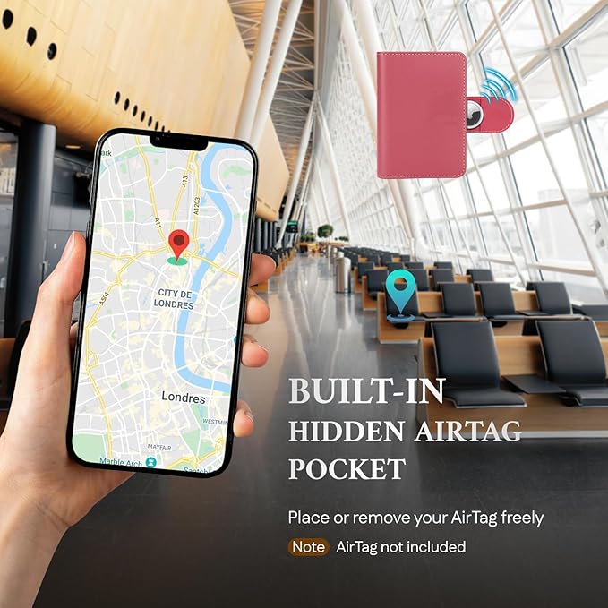 ALLIVE Rfid Passport Holder for Travel, Women, Rfid Passport Cover Wallet, Genuine Leather Passport Holder for Travel with AirTag Hidden, Airport Essentials, Travel Gifts (Rose Pink)