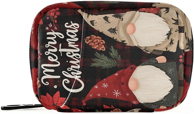 Checkered Christmas Floral Gnomes Travel Pill Organizer Case Box Container Weekly Portable Vitamin Medicine Holder Storage Bag with Zipper Removable